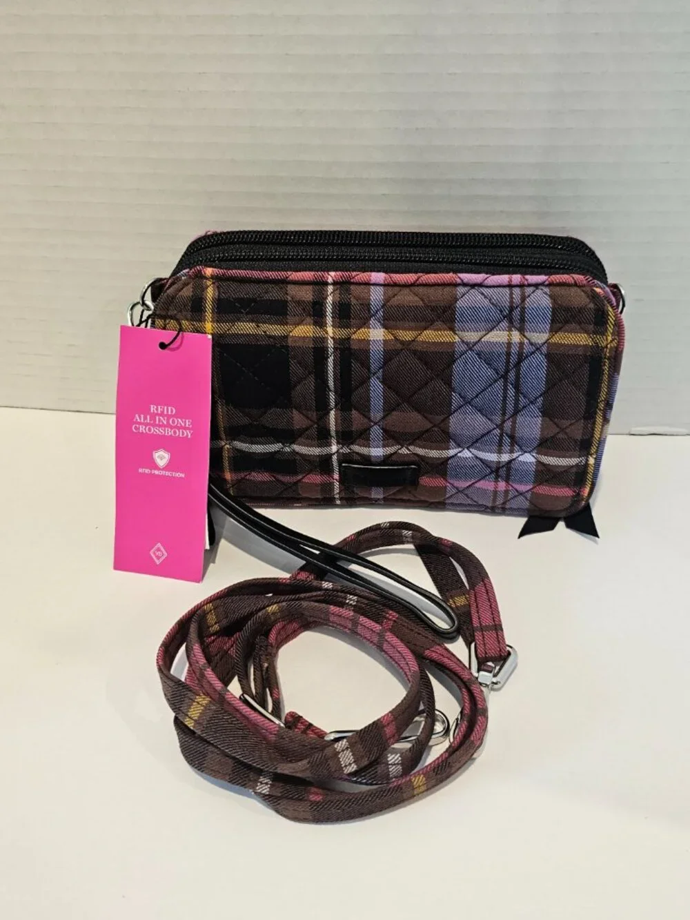 NWT Vera Bradley RFID All in One Crossbody Cozy Plaid Black Blue Wristlet Wallet